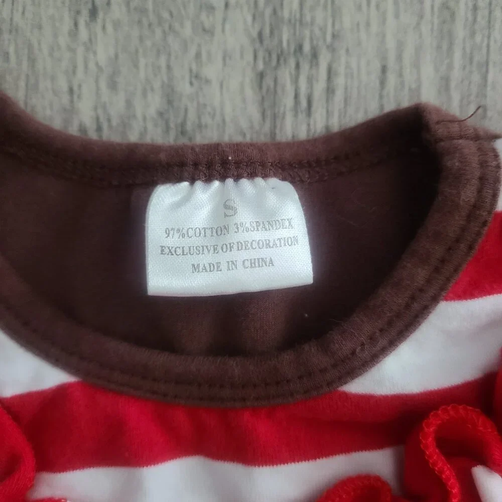 Girls Woodland Animals Ruffle Dress Brown Long Sleeve with Red Polka Dot Trim 2T